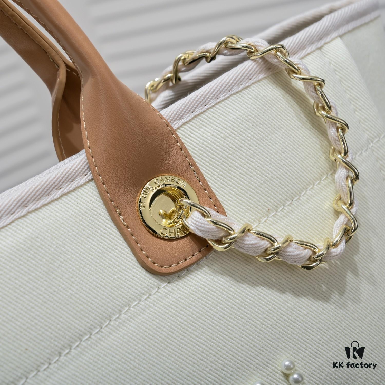 69305313f09edb6de4c4ef10 Chanel Tote Bag Spring and Summer Resort Style Canvas Beach Bag with Chain Stripes