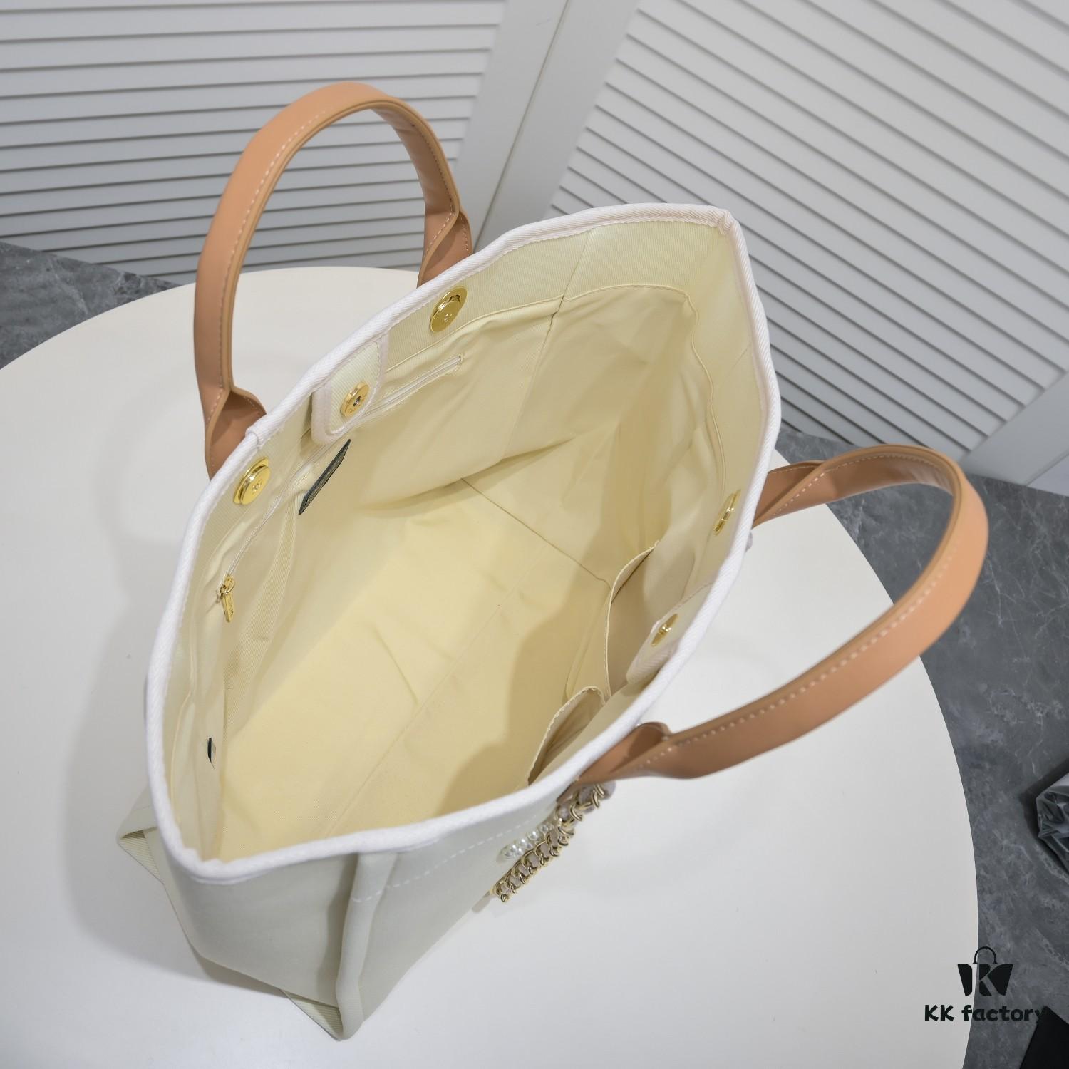 69305313f09edb6de4c4ef11 Chanel Tote Bag Spring and Summer Resort Style Canvas Beach Bag with Chain Stripes