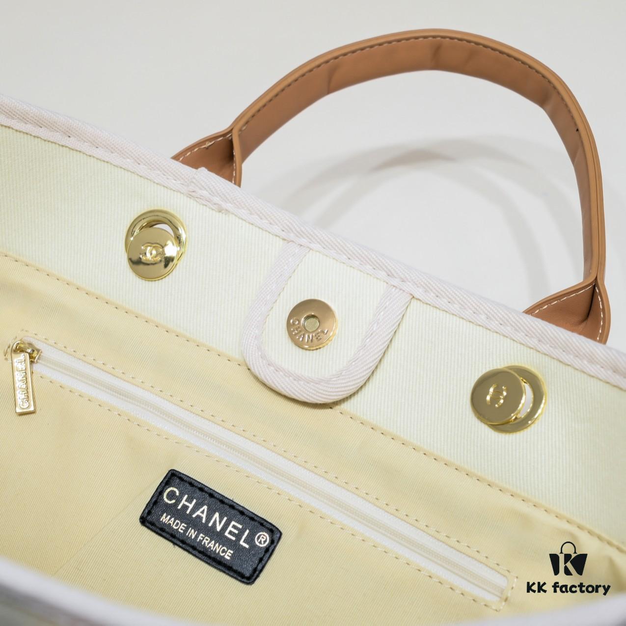 69305316f09edb6de4c4ef14 Chanel Tote Bag Spring and Summer Resort Style Canvas Beach Bag with Chain Stripes