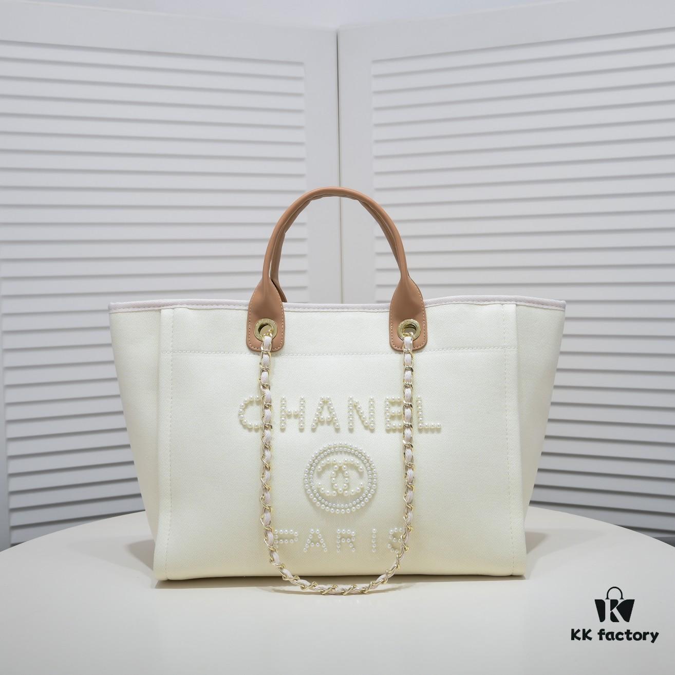 69305316f09edb6de4c4ef15 Chanel Tote Bag Spring and Summer Resort Style Canvas Beach Bag with Chain Stripes
