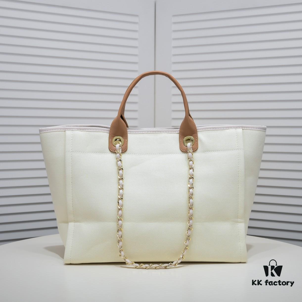 69305317f09edb6de4c4ef16 Chanel Tote Bag Spring and Summer Resort Style Canvas Beach Bag with Chain Stripes