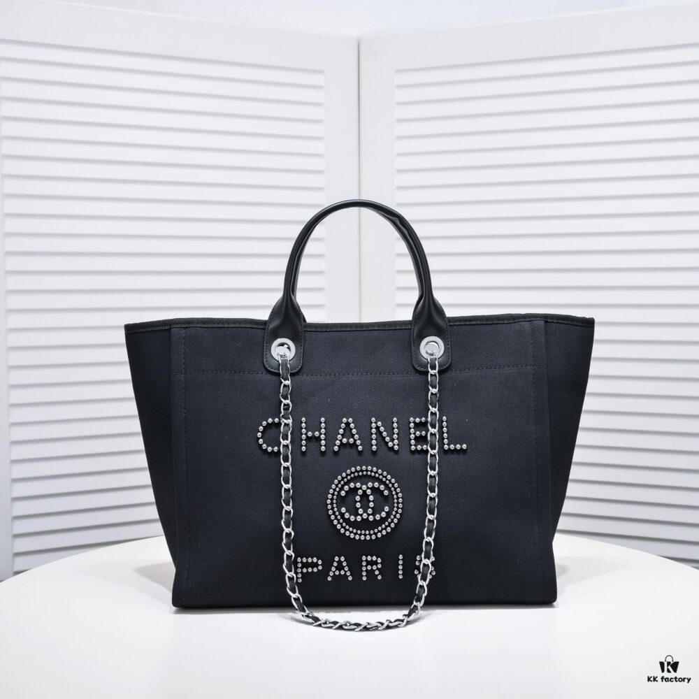 69305319f09edb6de4c4ef1a Chanel Tote Bag, Chain-Trimmed Canvas Beach Shopping Bag, Striped Design, Spring and Summer Vacation Style