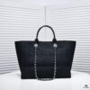 Chanel Tote Bag, Chain-Trimmed Canvas Beach Shopping Bag, Striped Design, Spring and Summer Vacation Style