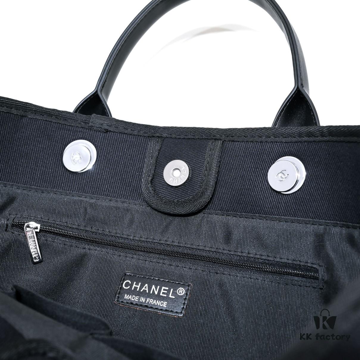 Chanel Tote Bag, Chain-Trimmed Canvas Beach Shopping Bag, Striped Design, Spring and Summer Vacation Style