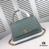 6930535af09edb6de4c4ef85 Large Misty Blue Chanel-Style Flap Bag with Unique Design, Dual Carry Tote and Shoulder Option