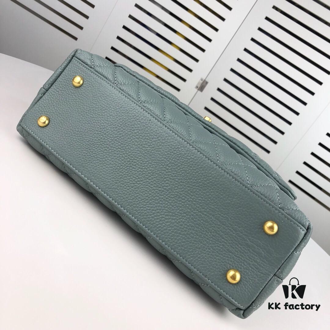 6930535af09edb6de4c4ef86 Large Misty Blue Chanel-Style Flap Bag with Unique Design, Dual Carry Tote and Shoulder Option