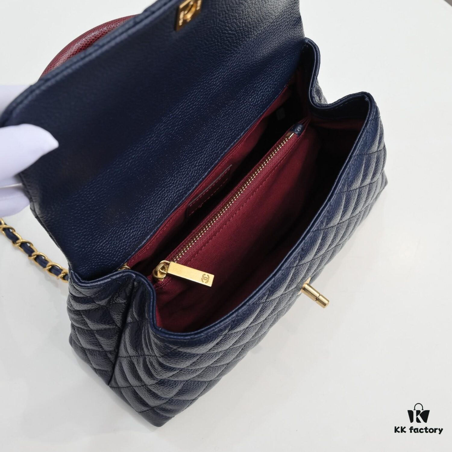 69305383f09edb6de4c4efc0 Deep Blue with Red Accents Chanel-Style Flap Bag, Unique Design, Dual Shoulder and Handheld Wear, Imported Top Layer Cowhide, Lychee Texture, Upgraded Full Imported Gold-Tone Hardware, Master Craftsmanship