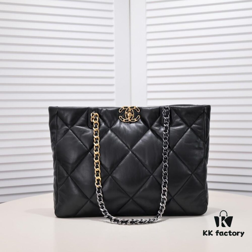 69305441f09edb6de4c4f0c0 Large CHANEL 22B 19BAG Tote Black and Gold Italian GR Grade Lambskin
