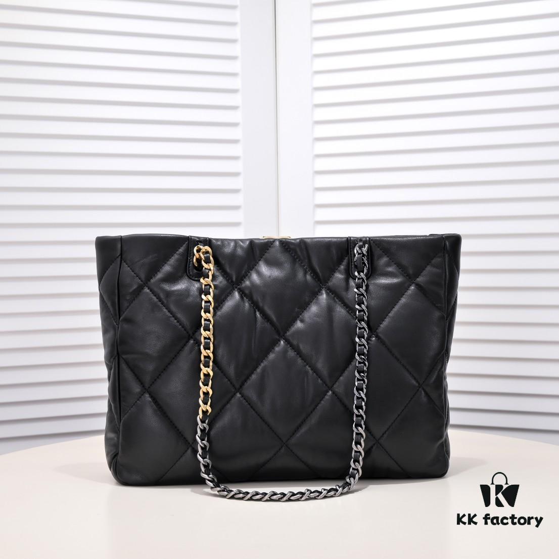 69305442f09edb6de4c4f0c4 Large CHANEL 22B 19BAG Tote Black and Gold Italian GR Grade Lambskin