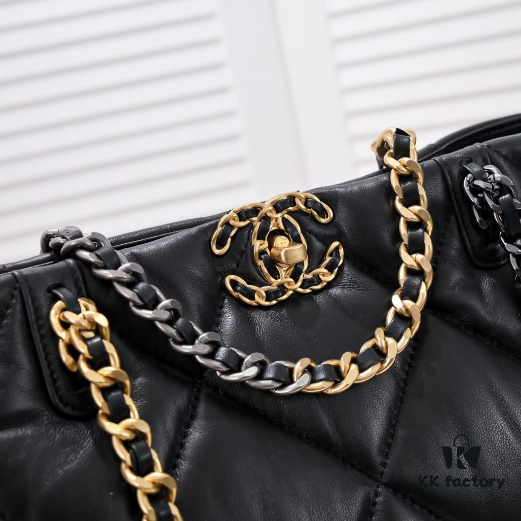 69305442f09edb6de4c4f0c6 Large CHANEL 22B 19BAG Tote Black and Gold Italian GR Grade Lambskin