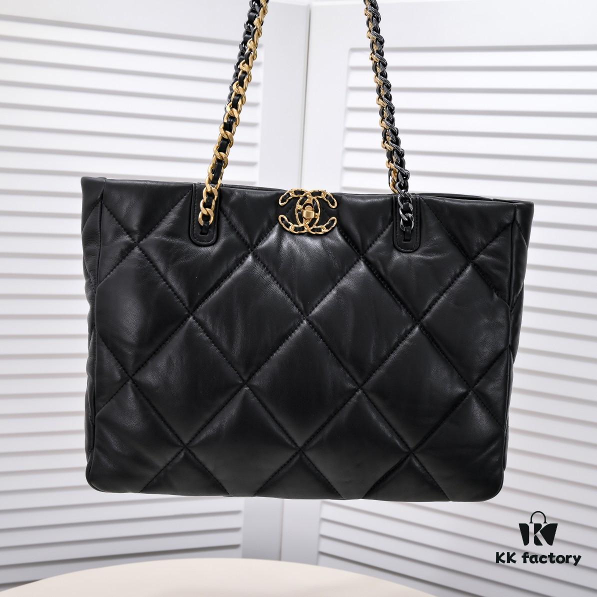 69305442f09edb6de4c4f0c7 Large CHANEL 22B 19BAG Tote Black and Gold Italian GR Grade Lambskin