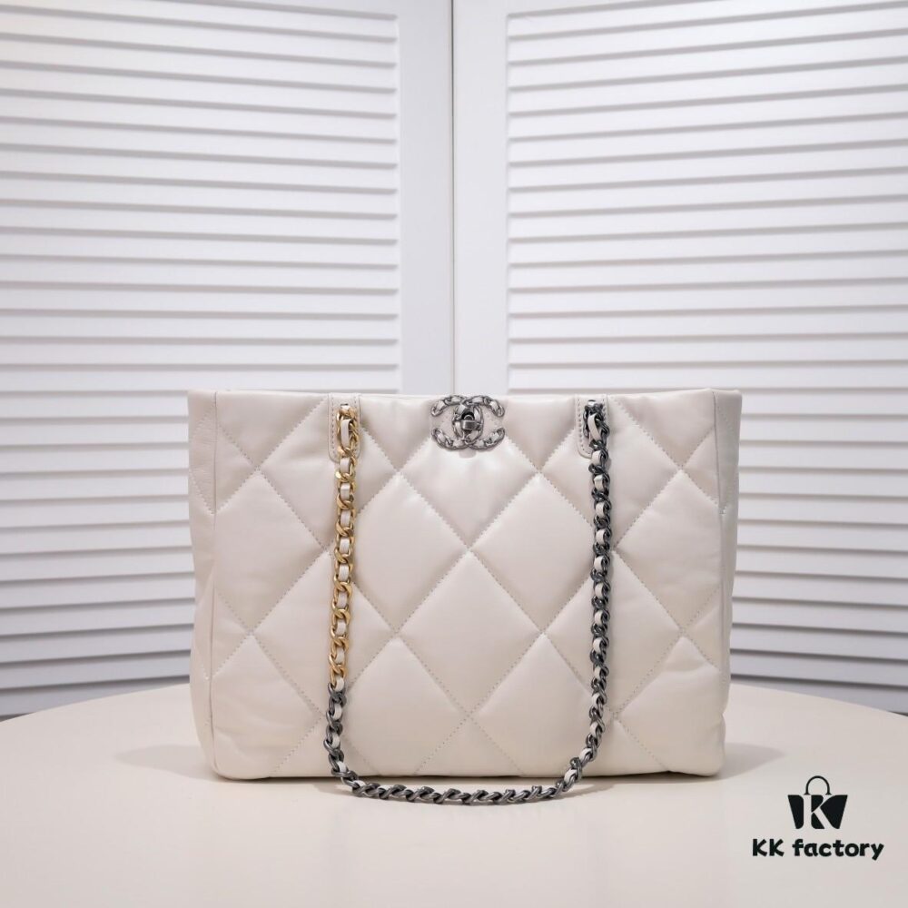 69305445f09edb6de4c4f0ca Large CHANEL 22B 19BAG Tote Black and Gold Italian GR Grade Lambskin