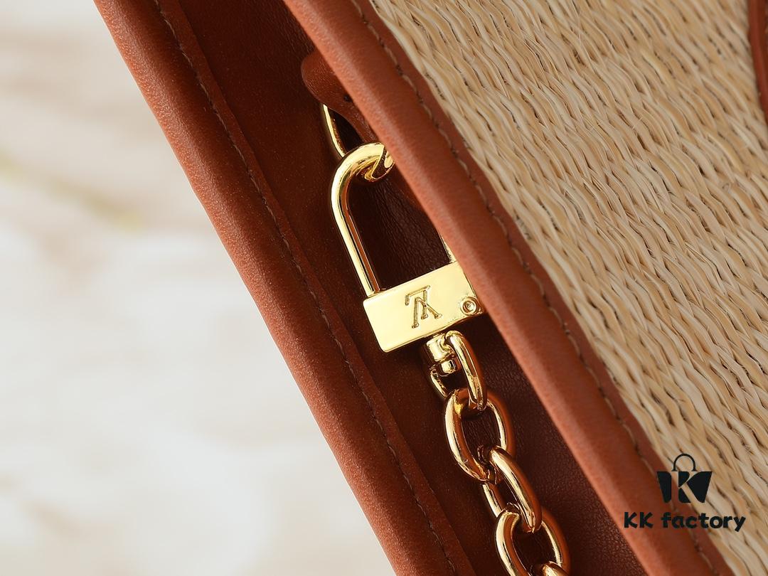 693057f1f09edb6de4c4f64a Upgraded Original M81366 Black and Caramel Chain Wash Bag Made from Natural Raffia with Black Leather Trim and Circle Logo