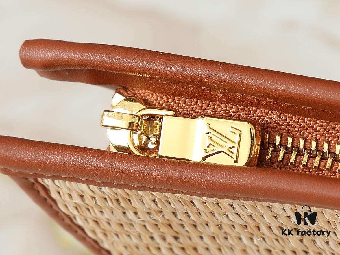 693057f2f09edb6de4c4f64c Upgraded Original M81366 Black and Caramel Chain Wash Bag Made from Natural Raffia with Black Leather Trim and Circle Logo