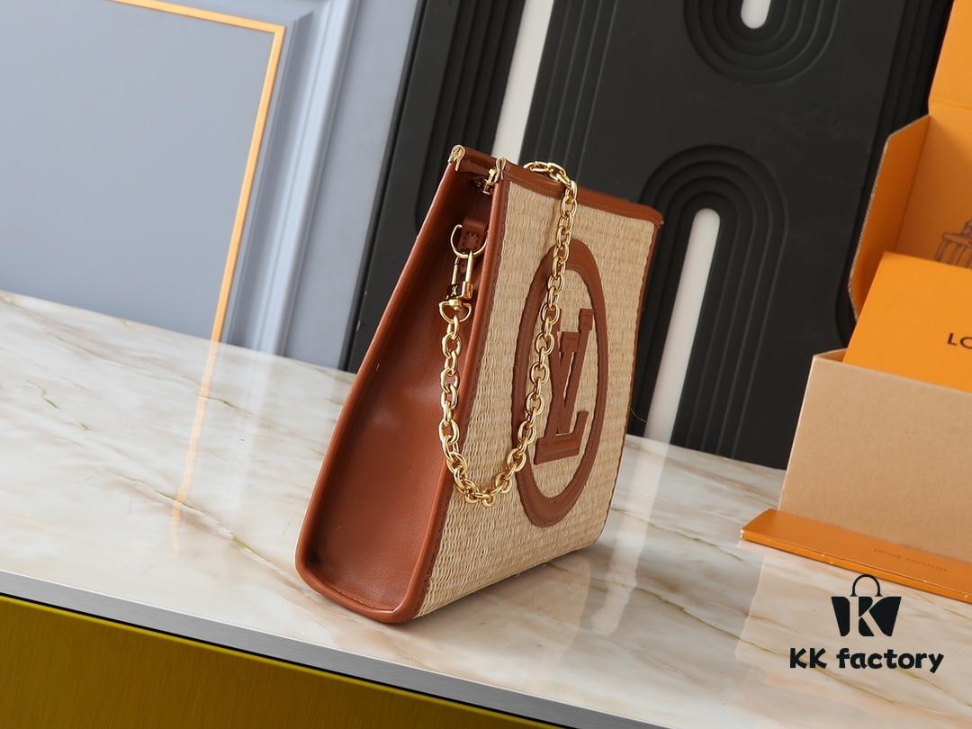 693057f4f09edb6de4c4f64e Upgraded Original M81366 Black and Caramel Chain Wash Bag Made from Natural Raffia with Black Leather Trim and Circle Logo