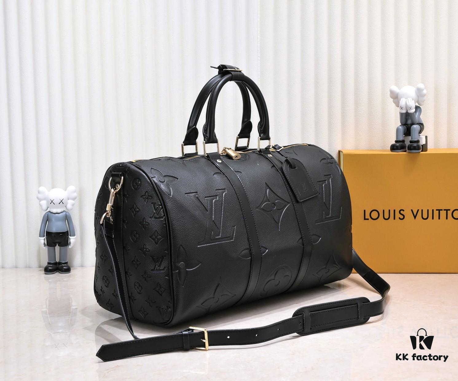 693057f4f09edb6de4c4f650 N44810 45532 Upgraded Version 45cm Imported Full-Grain Leather Black Embossed Large Flower Travel Bag N41416 45532