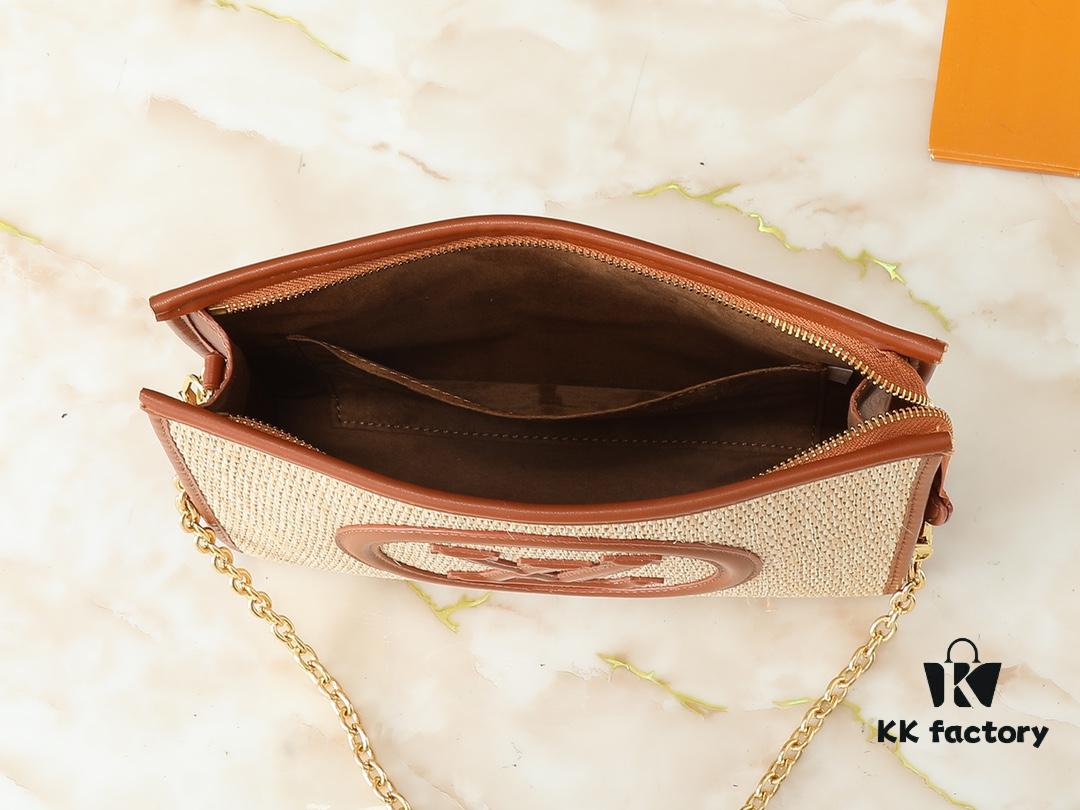 693057f6f09edb6de4c4f653 Upgraded Original M81366 Black and Caramel Chain Wash Bag Made from Natural Raffia with Black Leather Trim and Circle Logo