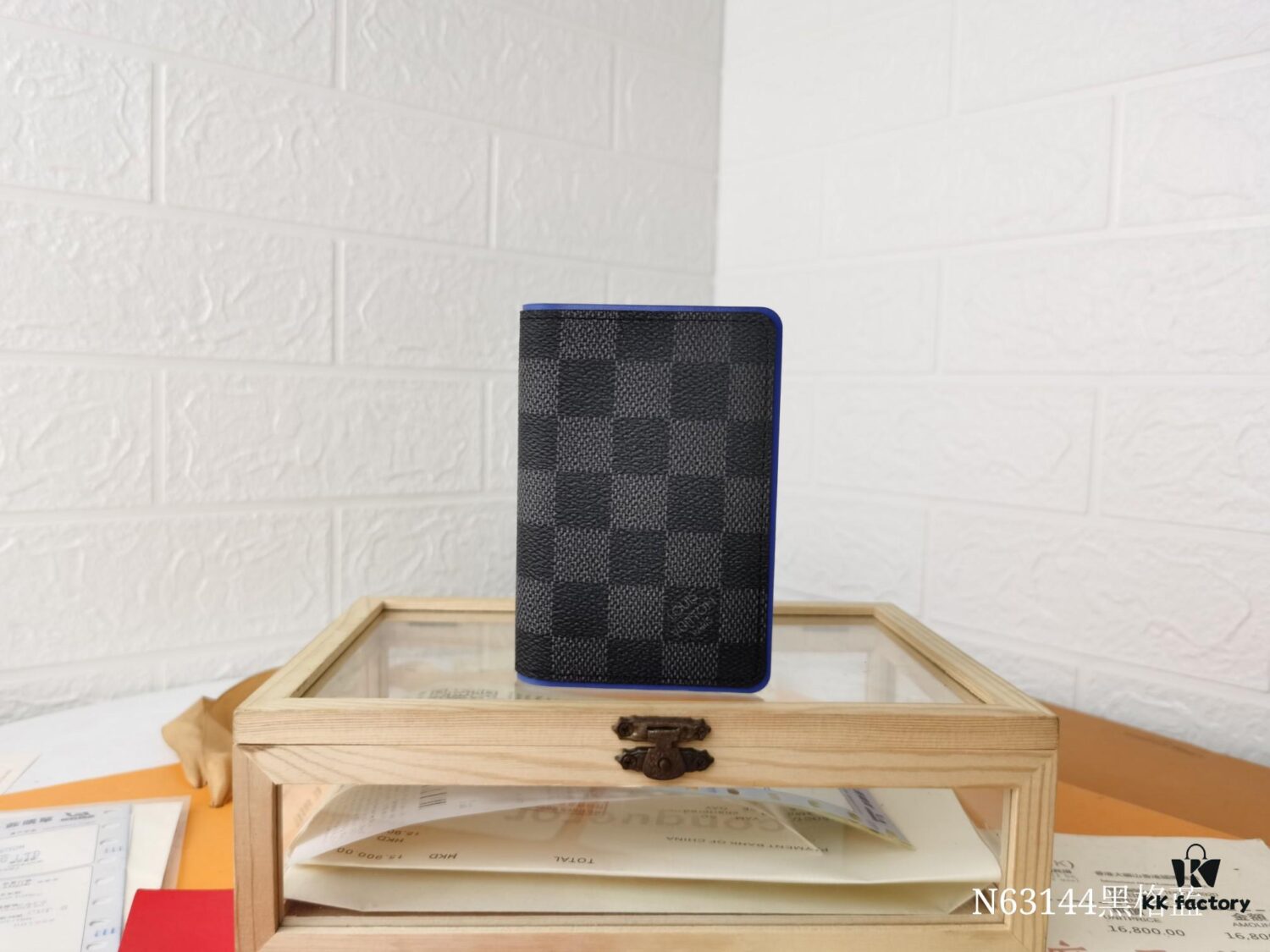Top Quality Original 💎 [Real Photo, Personal Background] N63144 Black Grid with Blue - Stylish Pocket Wallet Combining Damier Graphite Canvas and Epi Leather