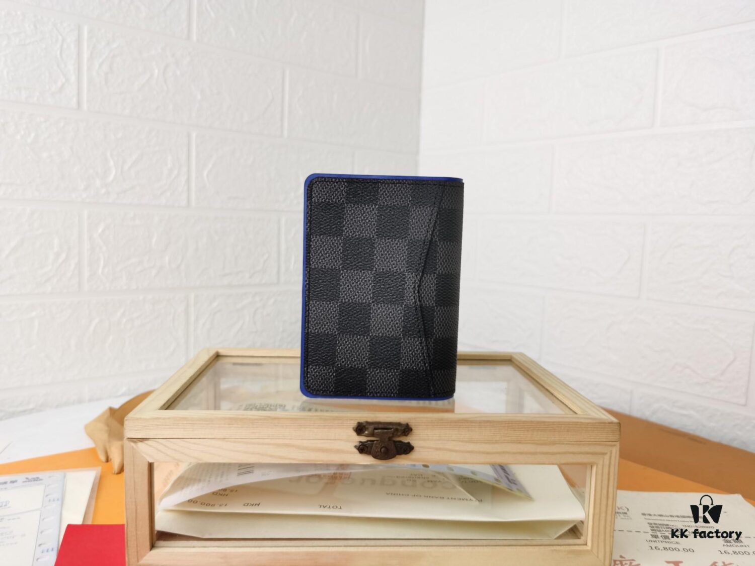 Top Quality Original 💎 [Real Photo, Personal Background] N63144 Black Grid with Blue - Stylish Pocket Wallet Combining Damier Graphite Canvas and Epi Leather
