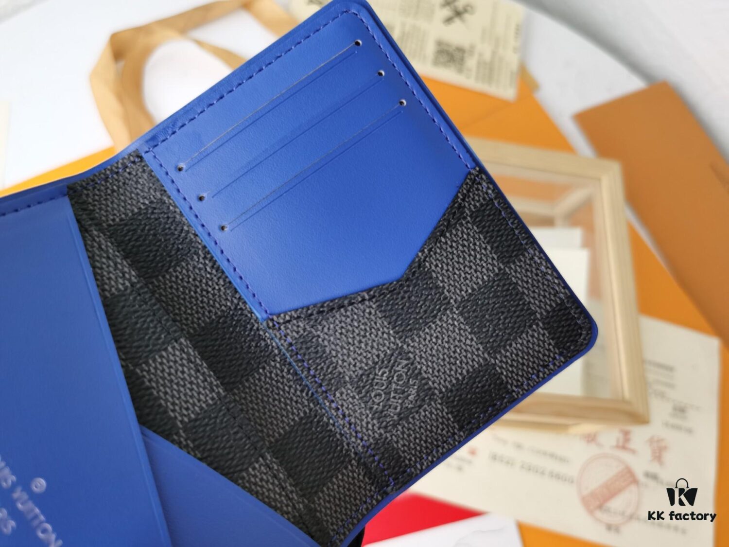 Top Quality Original 💎 [Real Photo, Personal Background] N63144 Black Grid with Blue - Stylish Pocket Wallet Combining Damier Graphite Canvas and Epi Leather