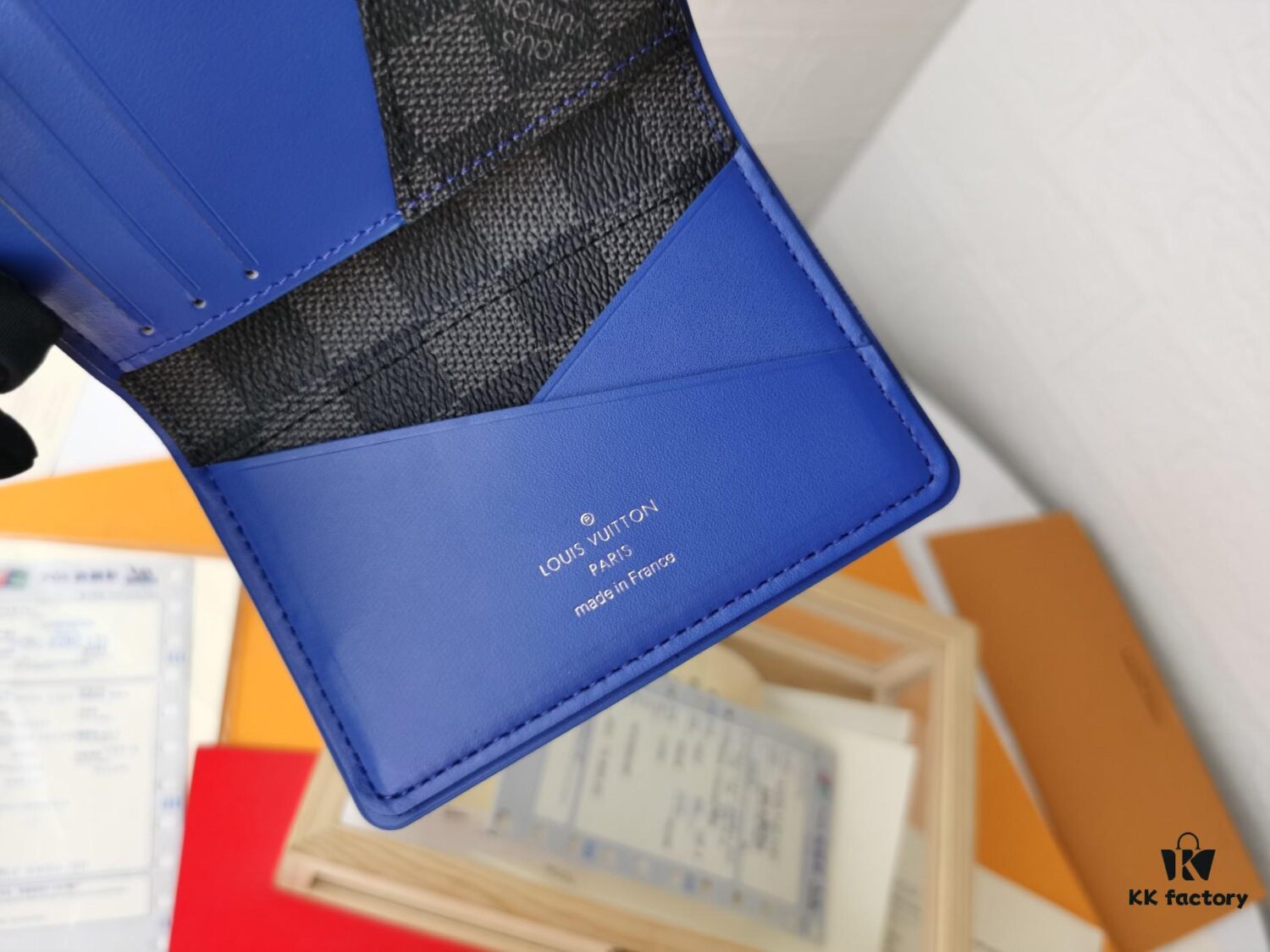 Top Quality Original 💎 [Real Photo, Personal Background] N63144 Black Grid with Blue - Stylish Pocket Wallet Combining Damier Graphite Canvas and Epi Leather