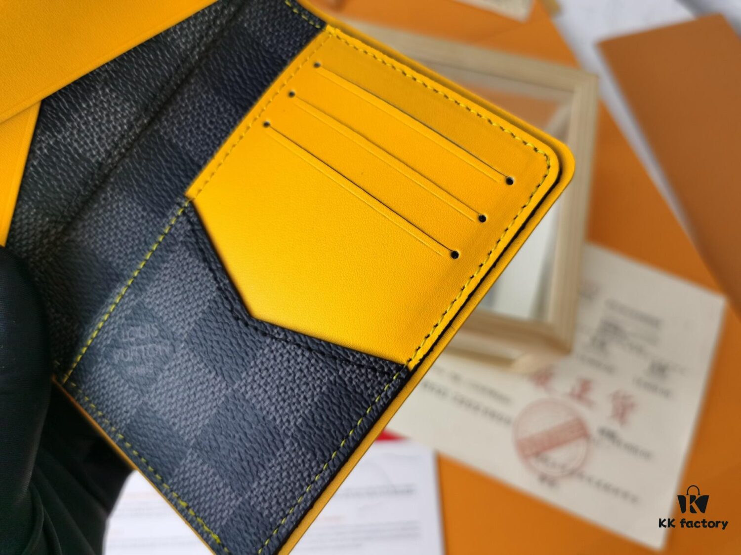 Top Quality Original 💎 [Real Photo, Personal Background] N63144 Black & Yellow, Louis Vuitton Epi Leather and Damier Graphite Coated Canvas Pocket Wallet