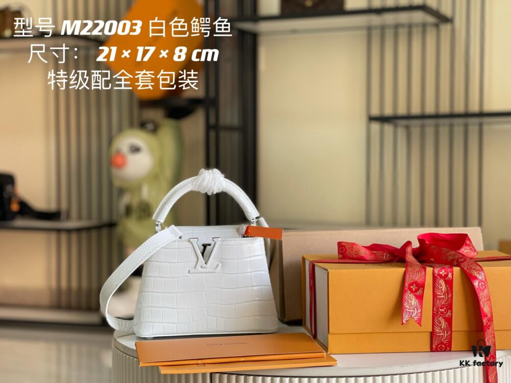 Top Grade Complete Packaging 【Premium Original Leather M22203💋 N93429 White Shiny Crocodile-Texture with Gold Clasp】