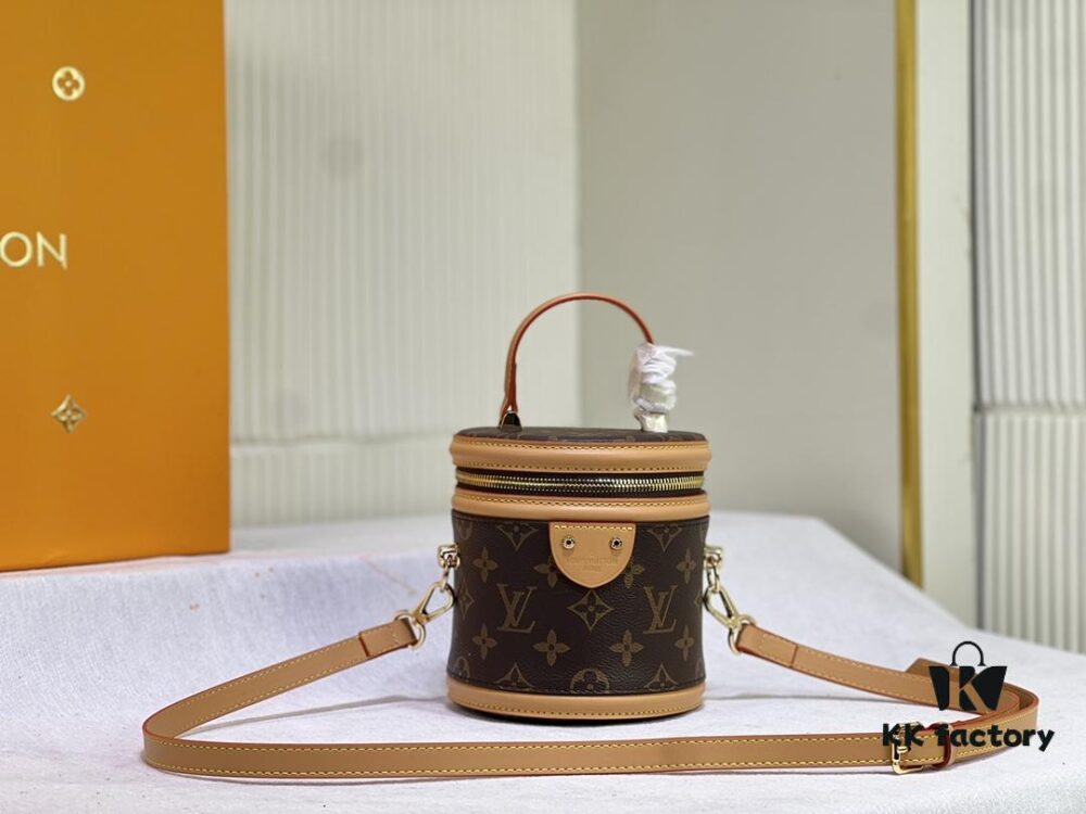 Upgraded Original Version [Exclusive Real Photo M82952 Monogram Yellow Flower] This Nano Cannes Handbag features a cylindrical silhouette crafted from Monogram canvas, echoing the design of a makeup pouch.