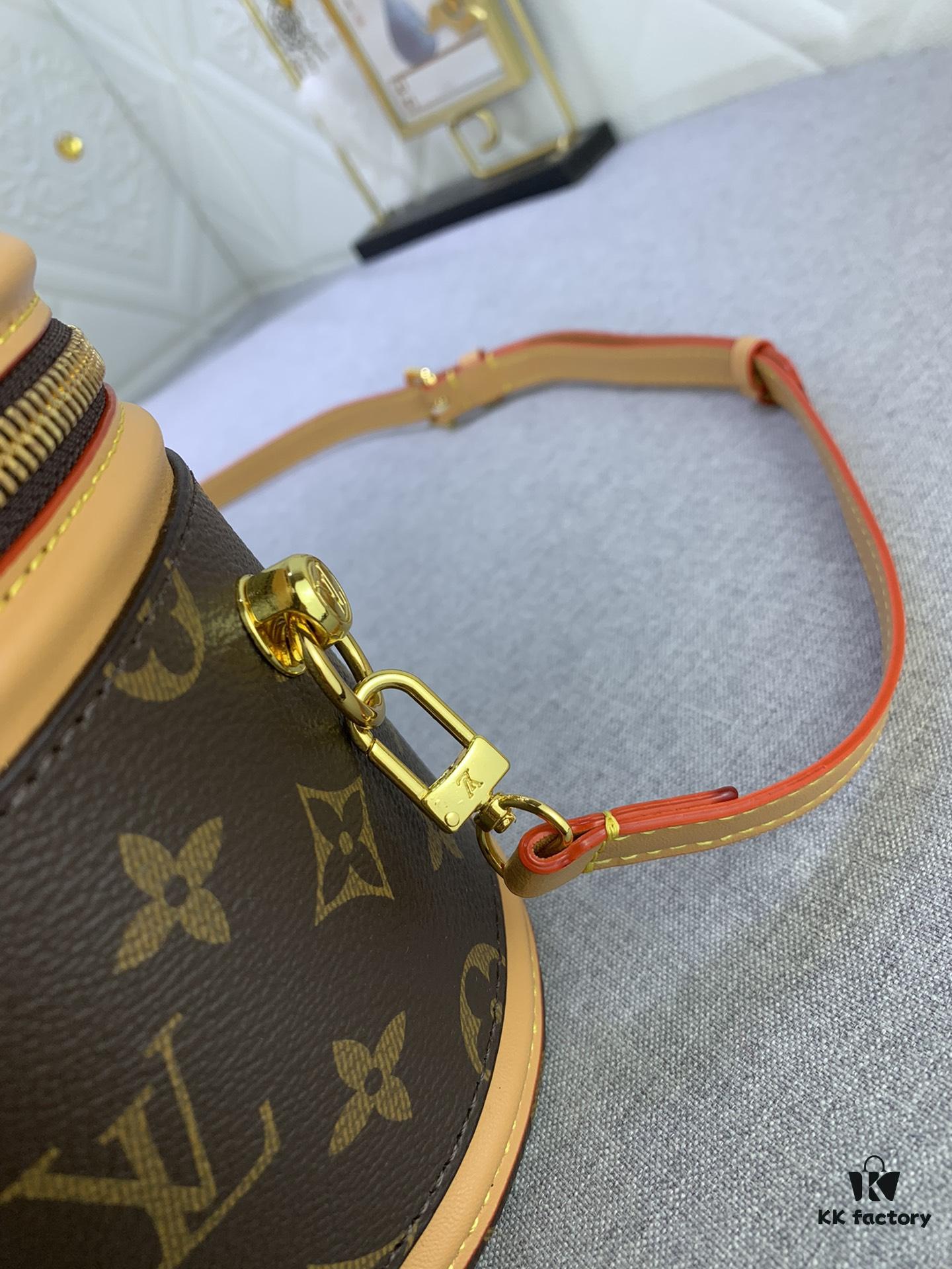 Upgraded Original Version [Exclusive Real Photo M82952 Monogram. Yellow Flower] This Nano Cannes Handbag features a cylindrical silhouette crafted from Monogram canvas, echoing the design of a makeup pouch.