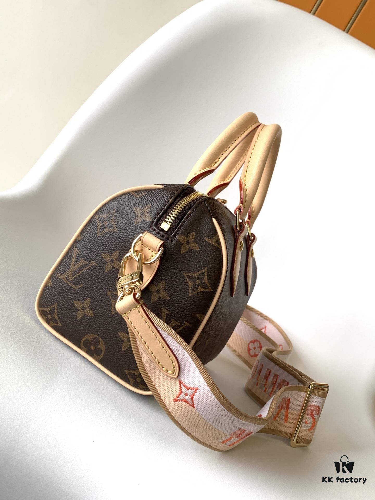 M46594 Pink M46222 Apricot M46234 Black [M45957 Black M45948 Red, Non-Adjustable Strap] - This Speedy Bandoulière 20 Handbag is crafted from Monogram canvas with cowhide leather trim and textile lining, continuing the iconic Louis Vuitton Speedy travel bag design in a compact size, featuring rolled leather handles and a detachable, adjustable fabric shoulder strap adorned with signature woven branding details