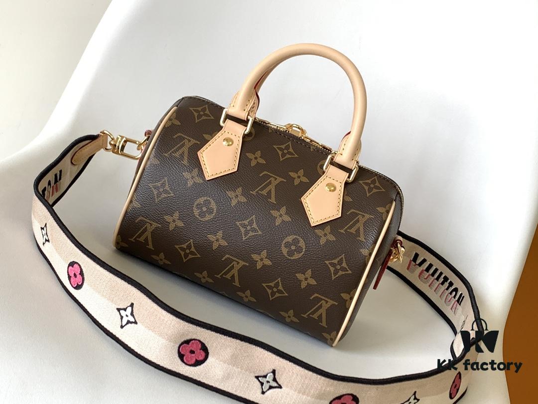 M46222 Beige M46234 Black [M45957 Black Adjustable Strap Not Available] ~ This Speedy Bandoulière 20 Handbag is crafted from Monogram canvas with cowhide leather trim and textile lining, continuing the iconic Louis Vuitton Speedy travel bag design in a compact size, featuring rolled leather handles and a detachable, adjustable fabric shoulder strap accented with signature woven branding details