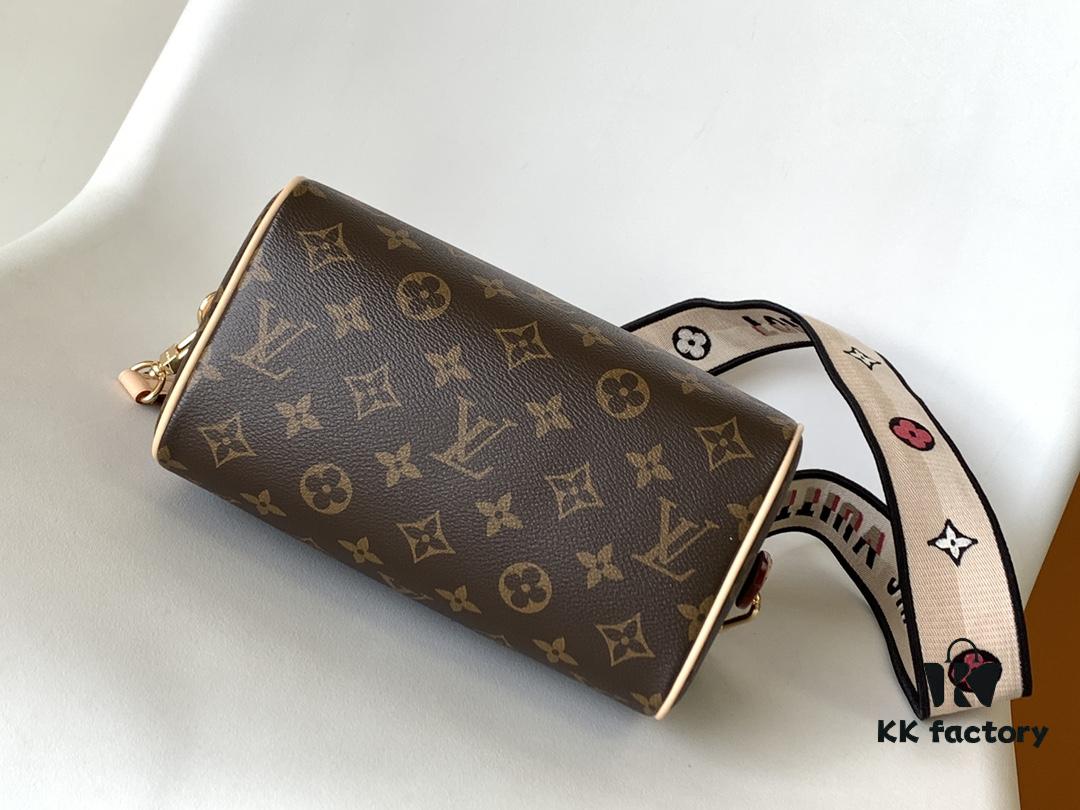 M46222 Beige M46234 Black [M45957 Black Adjustable Strap Not Available] ~ This Speedy Bandoulière 20 Handbag is crafted from Monogram canvas with cowhide leather trim and textile lining, continuing the iconic Louis Vuitton Speedy travel bag design in a compact size, featuring rolled leather handles and a detachable, adjustable fabric shoulder strap accented with signature woven branding details
