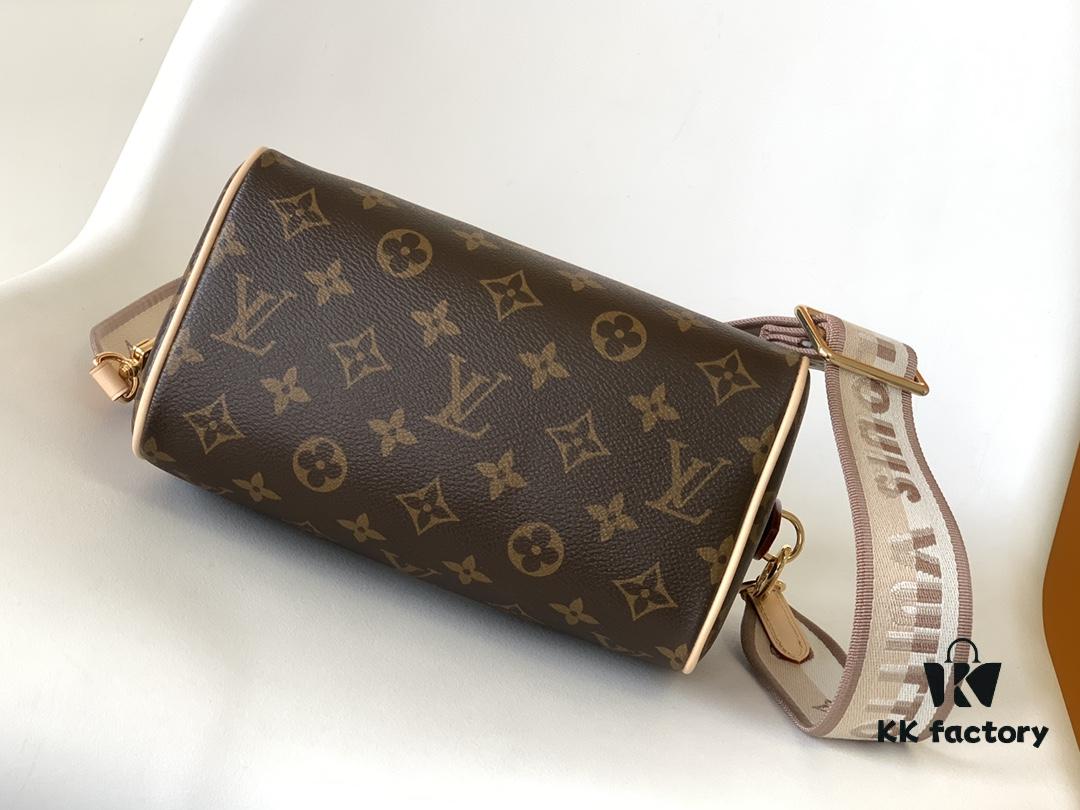 M46222 Beige M46234 Black [M45957 Black Adjustable Strap Not Available] ~ This Speedy Bandoulière 20 Handbag features Monogram canvas, cowhide leather trim, and textile lining, continuing the classic Louis Vuitton Speedy travel bag design in a compact size, complete with rolled leather handles and a detachable, adjustable fabric shoulder strap accented with signature woven branding