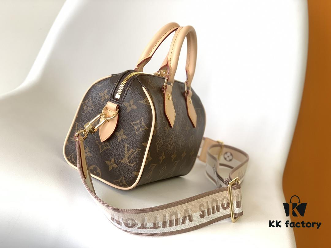 M46222 Beige M46234 Black [M45957 Black Adjustable Strap Not Available] ~ This Speedy Bandoulière 20 Handbag features Monogram canvas, cowhide leather trim, and textile lining, continuing the classic Louis Vuitton Speedy travel bag design in a compact size, complete with rolled leather handles and a detachable, adjustable fabric shoulder strap accented with signature woven branding
