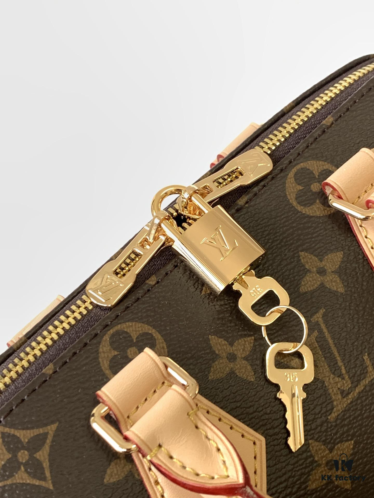 M46222 Beige M46234 Black [M45957 Black Adjustable Strap Not Available] ~ This Speedy Bandoulière 20 Handbag features Monogram canvas, cowhide leather trim, and textile lining, continuing the classic Louis Vuitton Speedy travel bag design in a compact size, complete with rolled leather handles and a detachable, adjustable fabric shoulder strap accented with signature woven branding