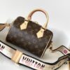 M46222 Beige M46234 Black [M45957 Black Adjustable Strap Not Available] ~ This Speedy Bandoulière 20 Handbag features Monogram canvas, cowhide leather trim, and textile lining, continuing the classic Louis Vuitton Speedy travel bag design in a compact size, complemented by rolled leather handles and a detachable, adjustable fabric shoulder strap adorned with brand logo weave