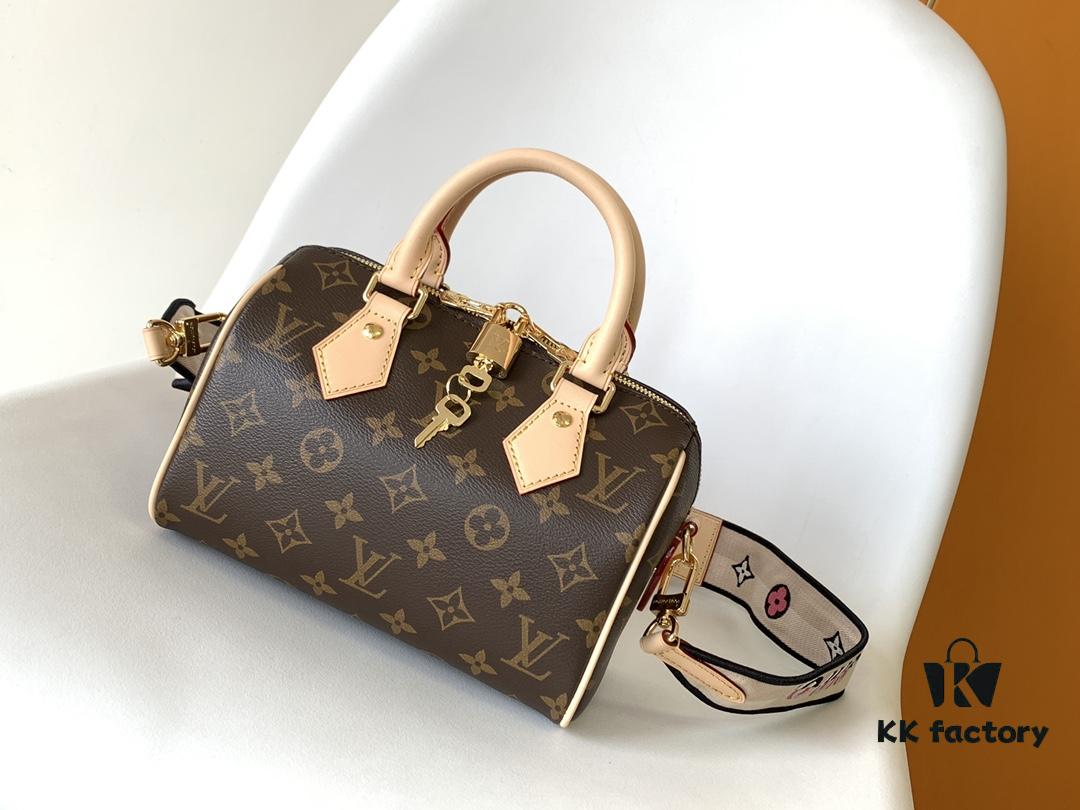 M46222 Beige M46234 Black [M45957 Black Adjustable Strap Not Available] ~ This Speedy Bandoulière 20 Handbag features Monogram canvas, cowhide leather trim, and textile lining, continuing the classic Louis Vuitton Speedy travel bag design in a compact size, complemented by rolled leather handles and a detachable, adjustable fabric shoulder strap adorned with brand logo weave