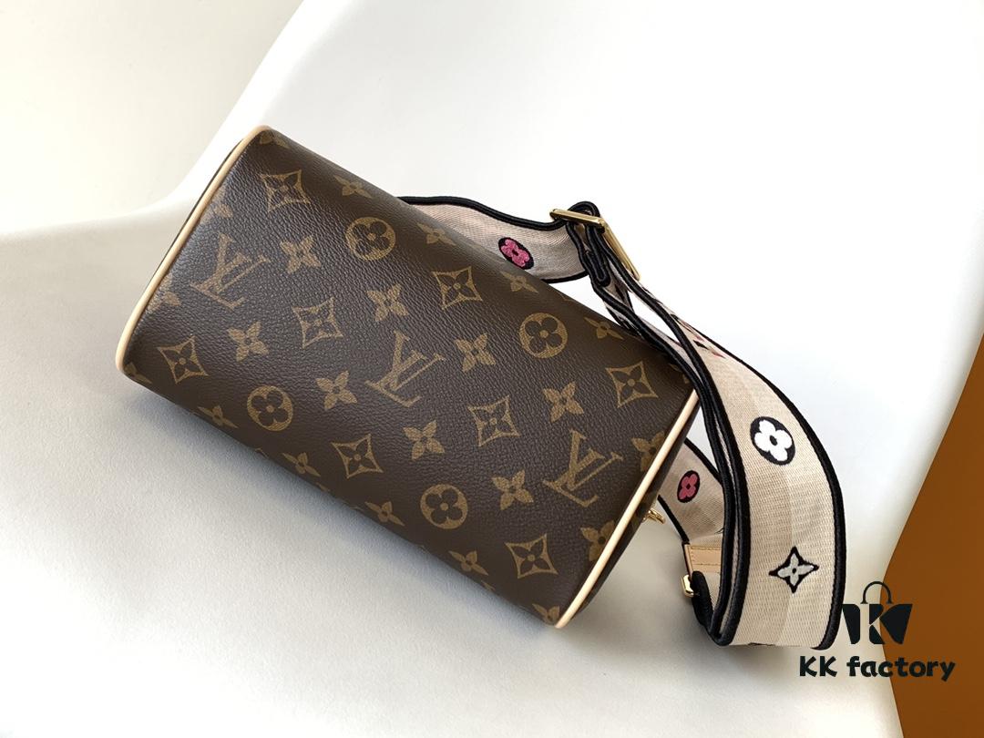 M46222 Beige M46234 Black [M45957 Black Adjustable Strap Not Available] ~ This Speedy Bandoulière 20 Handbag features Monogram canvas, cowhide leather trim, and textile lining, continuing the classic Louis Vuitton Speedy travel bag design in a compact size, complemented by rolled leather handles and a detachable, adjustable fabric shoulder strap adorned with brand logo weave