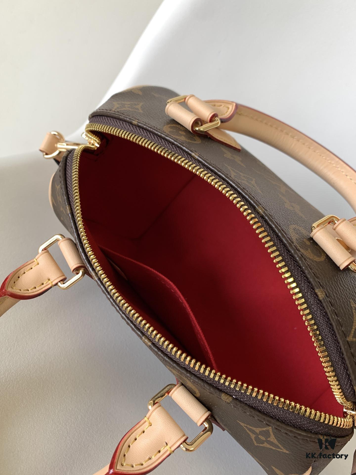 M46222 Beige M46234 Black [M45957 Black Adjustable Strap Not Available] ~ This Speedy Bandoulière 20 Handbag features Monogram canvas, cowhide leather trim, and textile lining, continuing the classic Louis Vuitton Speedy travel bag design in a compact size, complemented by rolled leather handles and a detachable, adjustable fabric shoulder strap adorned with brand logo weave