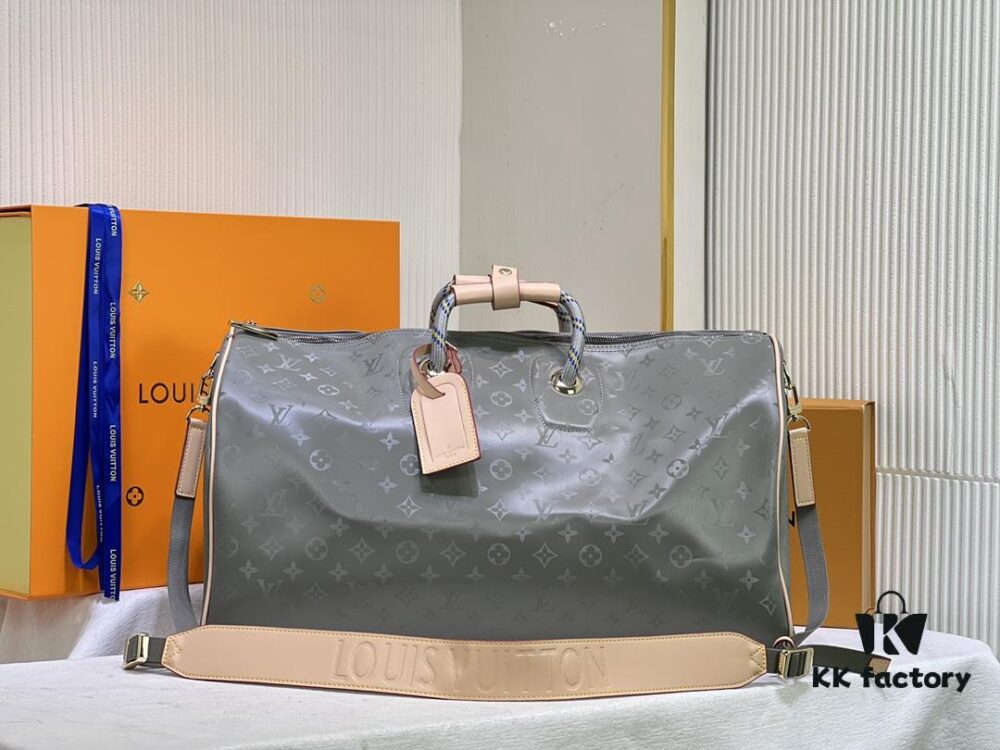 69305d75f09edb6de4c4ff95 New Arrival 😍😍 High-End Quality 👍 Original Keepall 50 Travel Duffel Bag, Special Edition Design Inspired by the 2018-19 Men's Fashion Show. Grey Monogram Titanium Canvas Body with Natural Cowhide Trims, Textile Handles and Detachable Leather Shoulder Strap Embossed with Louis Vuitton Logo. Model No.: 43886 43885 Size: 50x29x23
