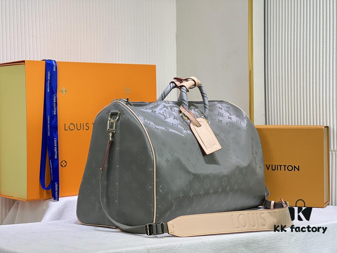 69305d76f09edb6de4c4ff98 New Arrival 😍😍 High-End Quality 👍 Original Keepall 50 Travel Duffel Bag, Special Edition Design Inspired by the 2018-19 Men's Fashion Show. Grey Monogram Titanium Canvas Body with Natural Cowhide Trims, Textile Handles and Detachable Leather Shoulder Strap Embossed with Louis Vuitton Logo. Model No.: 43886 43885 Size: 50x29x23