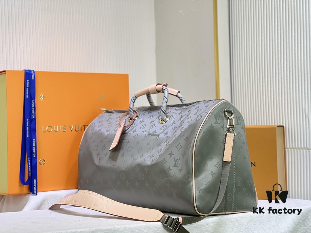 69305d76f09edb6de4c4ff99 New Arrival 😍😍 High-End Quality 👍 Original Keepall 50 Travel Duffel Bag, Special Edition Design Inspired by the 2018-19 Men's Fashion Show. Grey Monogram Titanium Canvas Body with Natural Cowhide Trims, Textile Handles and Detachable Leather Shoulder Strap Embossed with Louis Vuitton Logo. Model No.: 43886 43885 Size: 50x29x23