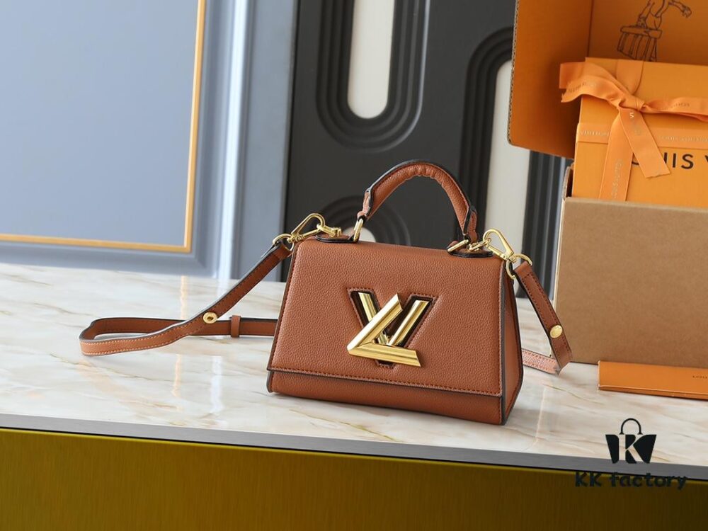 69305ed9f09edb6de4c5025a Upgraded Original M21590 M59090 Twist One Handle BB Handbag crafted from deeply dyed Taurillon leather, featuring a top single handle and the iconic LV Twist turn-lock flap closure. The contrasting color leather lining adds a fashionable touch, suitable for crossbody, shoulder, or handheld wear.