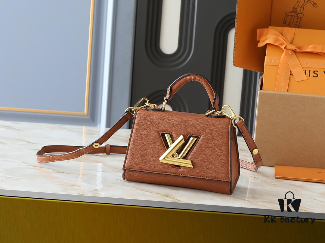 69305ed9f09edb6de4c5025a Upgraded Original M21590 M59090 Twist One Handle BB Handbag crafted from deeply dyed Taurillon leather, featuring a top single handle and the iconic LV Twist turn-lock flap closure. The contrasting color leather lining adds a fashionable touch, suitable for crossbody, shoulder, or handheld wear.