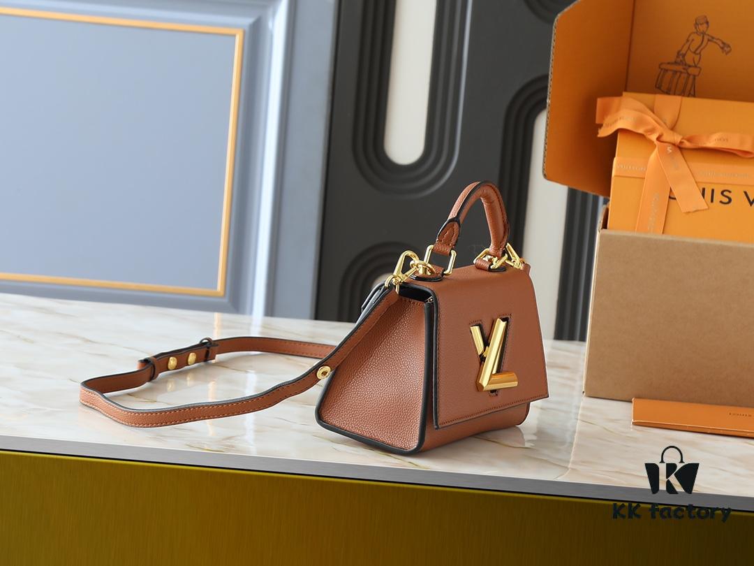 69305edaf09edb6de4c5025c Upgraded Original M21590 M59090 Twist One Handle BB Handbag crafted from deeply dyed Taurillon leather, featuring a top single handle and the iconic LV Twist turn-lock flap closure. The contrasting color leather lining adds a fashionable touch, suitable for crossbody, shoulder, or handheld wear.