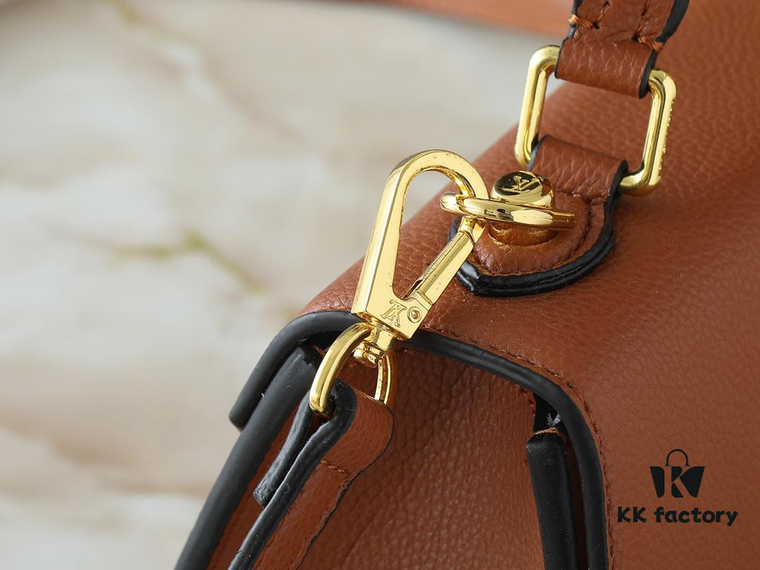 69305edbf09edb6de4c5025e Upgraded Original M21590 M59090 Twist One Handle BB Handbag crafted from deeply dyed Taurillon leather, featuring a top single handle and the iconic LV Twist turn-lock flap closure. The contrasting color leather lining adds a fashionable touch, suitable for crossbody, shoulder, or handheld wear.