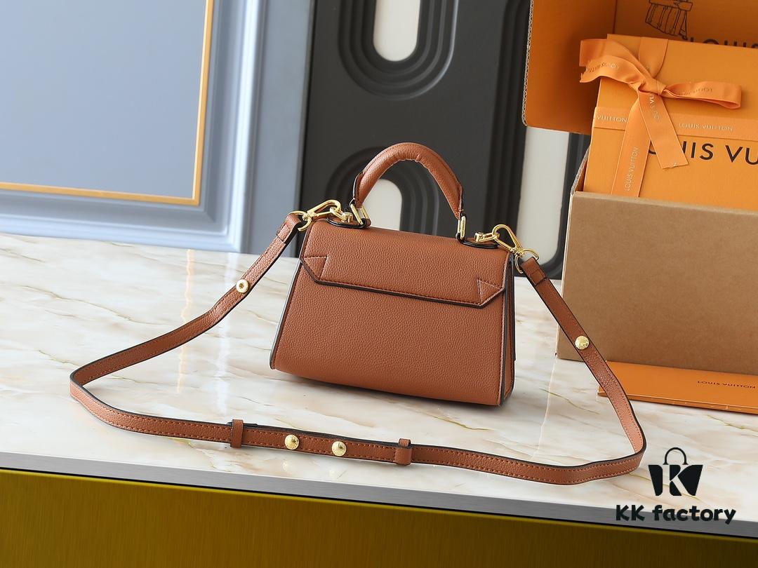 69305edbf09edb6de4c5025f Upgraded Original M21590 M59090 Twist One Handle BB Handbag crafted from deeply dyed Taurillon leather, featuring a top single handle and the iconic LV Twist turn-lock flap closure. The contrasting color leather lining adds a fashionable touch, suitable for crossbody, shoulder, or handheld wear.