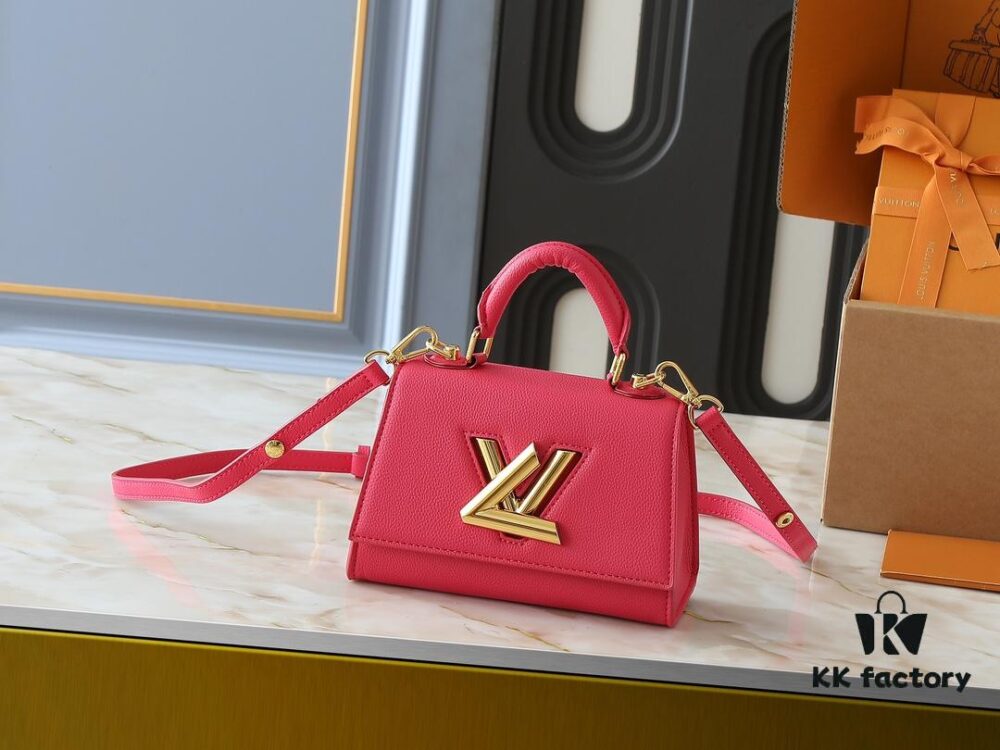 69305edcf09edb6de4c50261 Upgraded Original M21590 M59090 Twist One Handle BB Handbag crafted from deeply dyed Taurillon leather, featuring a top single handle and the iconic LV Twist turn-lock flap closure. The contrast-color leather lining adds a fashionable touch, suitable for crossbody, shoulder, or handheld wear.