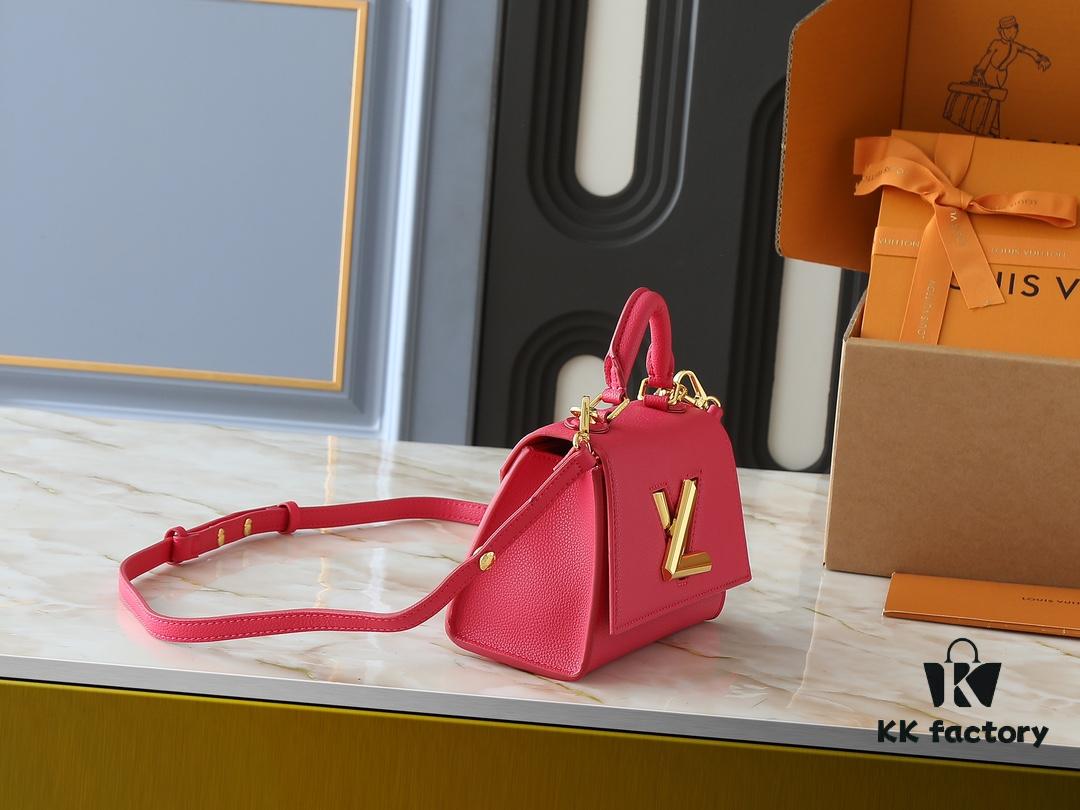 69305eddf09edb6de4c50263 Upgraded Original M21590 M59090 Twist One Handle BB Handbag crafted from deeply dyed Taurillon leather, featuring a top single handle and the iconic LV Twist turn-lock flap closure. The contrast-color leather lining adds a fashionable touch, suitable for crossbody, shoulder, or handheld wear.