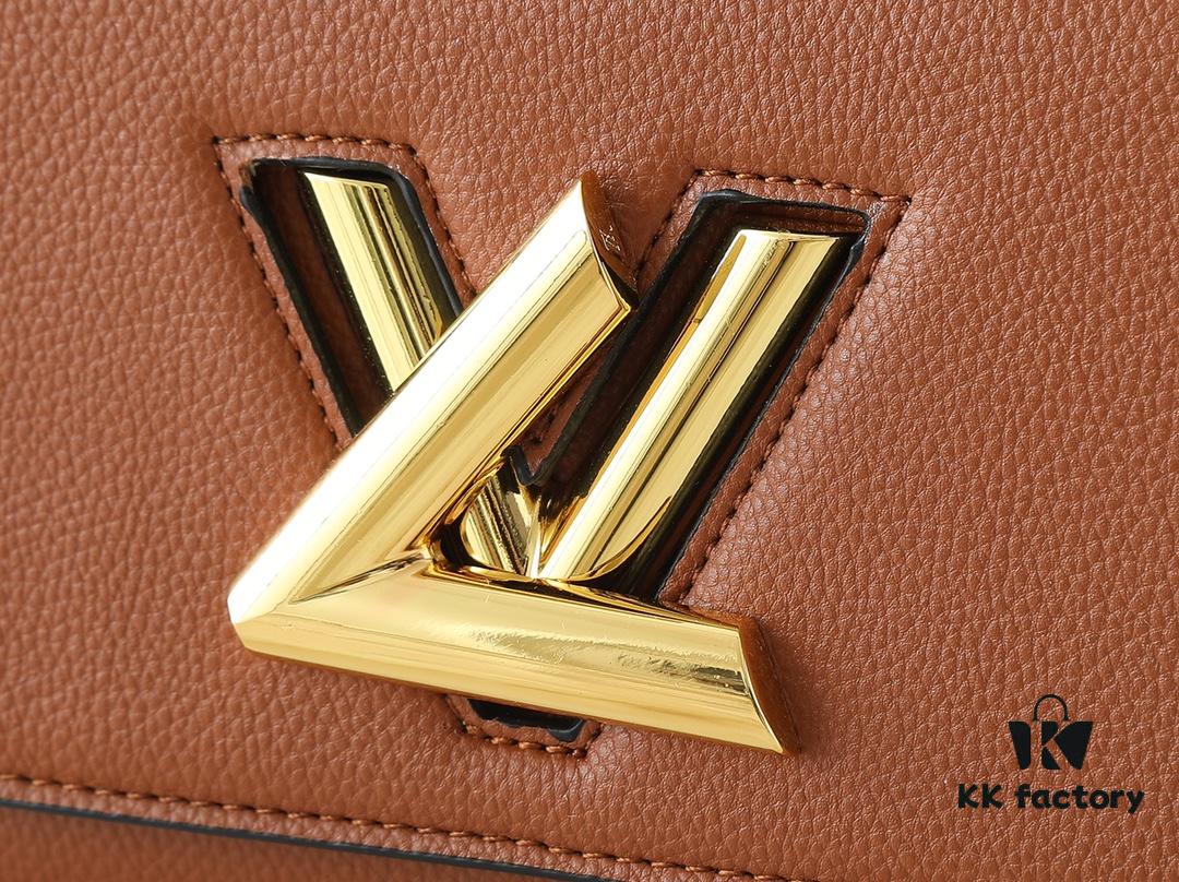 69305eddf09edb6de4c50264 Upgraded Original M21590 M59090 Twist One Handle BB Handbag crafted from deeply dyed Taurillon leather, featuring a top single handle and the iconic LV Twist turn-lock flap closure. The contrasting color leather lining adds a fashionable touch, suitable for crossbody, shoulder, or handheld wear.
